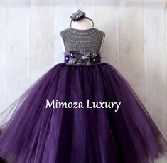 Luxury Grey and Plum Flower Girl Dress Lovely and Unique Handmade Dress, perfect for your special birthday party, wedding, christening or special occasion! The dress is made to order with lots of love by Mimoza Luxury designer. The dress can be customized to meet your requirements (if possible), just send me a message! The dress bodice is hand knitted with high quality silk/cotton yarn, it feels lovely on the skin when wearing. The skirt is very fluffy made with hundreds of yards soft tulle.  *I Elegant Purple Tutu Dress For Wedding, Purple Tulle Tutu Dress For Wedding, Elegant Purple Tutu Dress For Party, Plum Flower Girl Dresses, Grey Tulle Dress, Flower Girl Gown, Fit And Flare Wedding Dress, Fitted Wedding Dress, Wedding Dresses For Girls