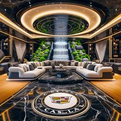 the interior of a luxury car with marble flooring and couches in front of a waterfall