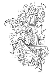 a black and white drawing of a demon in front of a clock tower