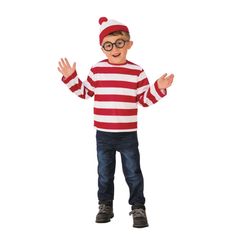 a young boy dressed in a red and white striped shirt with glasses on his face