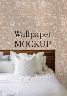 the wallpaper mockup is displayed above a bed with white pillows and throw pillows