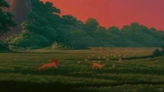 the fox and the hound are running through the grass in front of an orange sky