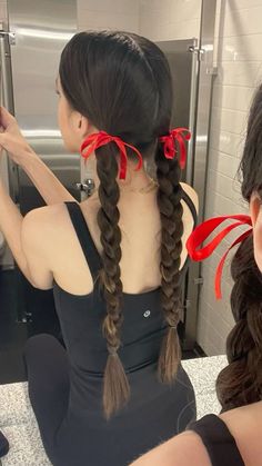 Two Braids With Ribbon Bows, Red Ribbon Braids, Pigtail Bow Hairstyle, Hairstyles To Do For Your Birthday, Guts Tour Hairstyles, Pig Tails With Bows, Braided Hairstyles With Bows, Bows And Braids, Red Bows In Hair