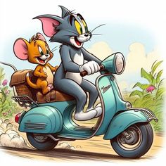 a cartoon mouse riding on the back of a scooter next to a cat