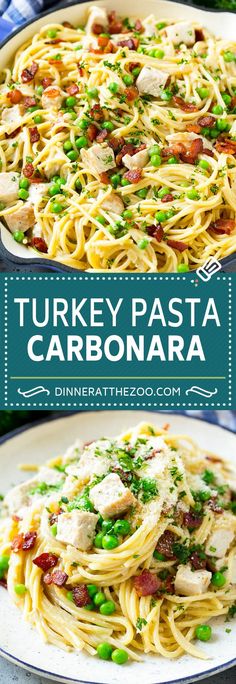 turkey pasta carbonara with peas and parmesan cheese