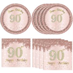 a set of pink and gold 30th birthday party plates, napkins and placemats