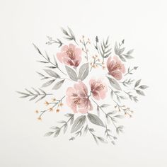 a painting of pink flowers and leaves on a white background