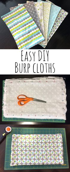 an easy diy burp cloths project with scissors and fabric on the table