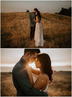 a couple standing in the middle of a field at sunset