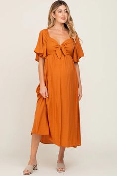 Rust Front Tie Ruffle Sleeve Maternity Midi Dress – PinkBlush Spring Maternity Dress, Pregnancy Dresses Summer, Orange Maternity Dress, Bump Friendly Dress, Fall Maternity Dress, Summer Maternity Dress, Maternity Dress Wedding Guest, Pregnancy Dresses, Casual Maternity Dress