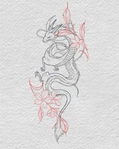 a drawing of a dragon with flowers on it