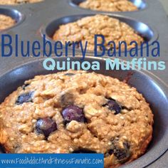 blueberry banana quinoa muffins in a pan with text overlay