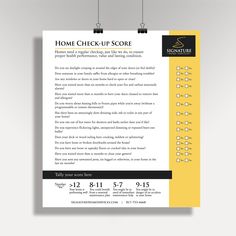 a yellow and black flyer with the words home check - up score written on it