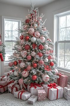 a christmas tree decorated with red and white ornaments