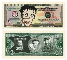 two bills with cartoon characters on them, one in green and the other in white