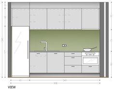 a drawing of a kitchen with white cabinets and green flooring on the side wall