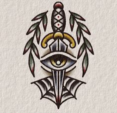 an image of the eye and dagger on a white paper background, with some green leaves around it