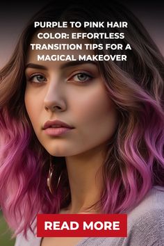 Woman with wavy hair transitioning from purple to pink, with tips for a magical makeover. Transition From Pink Hair, Pink Hair Transformation, Pink Hair Magenta, Matrix Purple Hair Color, Fuschia Hair Magenta