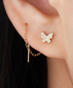 Sparkling Butterfly Ear Threads – OumoJewelry Ear Piercing Studs, Ear Style, Sparkle And Shine, Belly Rings, Chain Earrings, 365 Days, Hair Claw, Ring Necklace, Body Jewelry