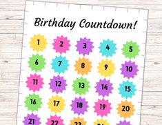 a printable birthday calendar with colorful stars on it and the numbers 1 - 20