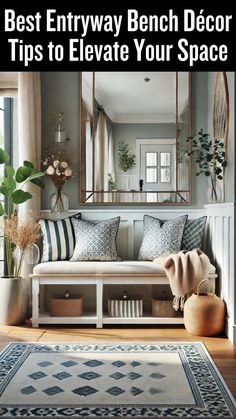 an entryway bench decorated with pillows and rugs in front of a large mirror