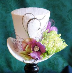 Bridal Mini Top Hat in Lime and Purple,Tea-party Mini Top Hat,Spring Flower Mini Top Hat,Alice in Wonderland - Ready to Ship Spring Wedding Flower, Bridal Mini, Purple Cocktails, Pink Bridesmaids, Tea Hats, Mad Hatter Party, Victorian Hats, Mad Hatter Hats, Steampunk Hat