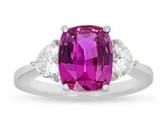 Displaying a remarkable hue, the purplish-pink, step-cut sapphire at the center of this ring weighs a notable 3.94 carats. Certified by the Gemological Institute of America as originating in Ceylon, the gem is completely natural, without any heat treatments to enhance its coveted color. Joined by 0.92 carat of diamonds, the jewel shines in its platinum settings. Download the Certification Luxury Pink Ruby Ring In Platinum, Luxury Gia Certified Pink Sapphire Ring, Pink Sapphire Brilliant Cut Platinum Ring, Pink Brilliant Cut Sapphire Ring In Platinum, Pink Platinum Sapphire Ring With Brilliant Cut, Pink Sapphire Ring With Brilliant Cut In Platinum, Pink Platinum Ruby Ring, Formal Pink Sapphire Ring In Platinum, Formal Pink Gia Certified Sapphire Ring