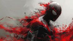 a spider - man with red paint splatters on his face and chest, standing in front of a gray background