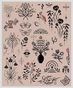 an assortment of flowers and plants in black ink on pink paper with the words,'flower