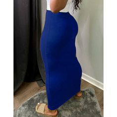 Royal Blue Solid Side Holes Bodycon Maxi Skirt Blue Non-stretch Pencil Skirt, Blue Non-stretch Mini Skirt, Blue Fitted Casual Maxi Skirt, Fitted Blue Mini Pencil Skirt, Blue Fitted Mini Pencil Skirt, Blue Summer Pencil Skirt, Blue High Waist Fitted Mini Skirt, Chic Non-stretch Blue Skirt, Fitted Blue Pencil Skirt For Summer