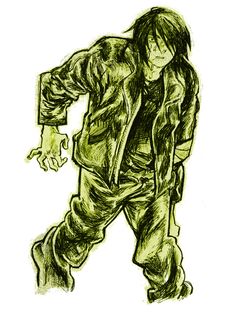 a black and white drawing of a man with long hair wearing a jacket, jeans and boots