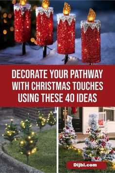 christmas lights and decorations in the yard with text that reads decorate your pathway with christmas touches using