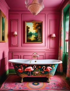 a pink bathroom with two flamingos in the bathtub and paintings on the wall