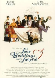 Four Weddings and a Funeral is a 1994 British comedy film. Hugh Grant and Andie MacDowell star. John Hannah, Mr Ripley, Best Romantic Comedies, Kristin Scott Thomas, Wedding Movies, Romantic Comedy Movies, Hugh Grant