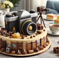 a cake decorated with an image of a camera and other things on top of it