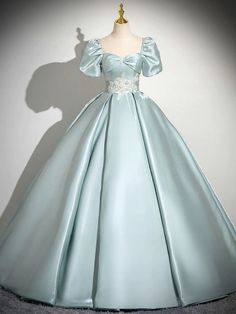 A-Line Sweetheart Neck Puff Sleeves Satin Blue Long Prom Dress, Blue Long Formal Dress Satin Quinceanera Dress, Blue Long Formal Dress, Dress Blue Long, Burgundy Homecoming Dress, Prom Dress Burgundy, Prom Dress Blue, Quinceanera Dresses Blue, Long Formal Dress, Tulle Evening Dress