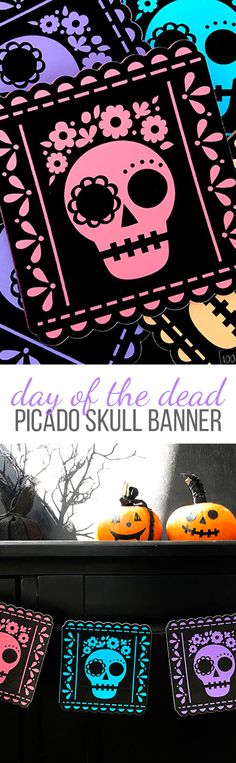 two pictures of pumpkins and skulls with the words, days of the dead picador skull banner