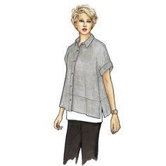 a drawing of a woman in black pants and a gray shirt with buttons on it