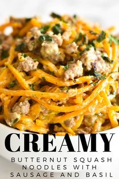 creamy butternut squash noodle salad with sausage and basil is an easy dinner recipe