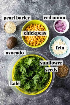 the ingredients to make chickpeas are shown in bowls on a gray surface, including broccoli, cauliflower seeds, red onion and kale