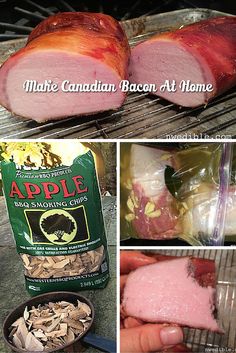 the ingredients for maple canadian bacon at home are shown in this collage, including ham and mushrooms