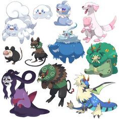 the pokemon characters are all different colors and sizes