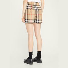 Burberry "Tawney" shorts with signature check pattern High rise Elasticized waistband Relaxed fit Bermuda length Pull-on style Mulberry silk Imported Classic Shorts With Elastic Waistband For Daywear, Plaid Bottoms With Elastic Waistband And Short Length, Plaid Bottoms With Elastic Waistband, Chic Plaid Short-length Bottoms, Chic Plaid Short Bottoms, Chic Short Plaid Bottoms, Check Pattern, Mulberry Silk, Pale Blue