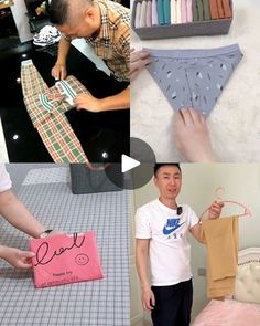 a collage of photos with different items and people working on it, including clothes