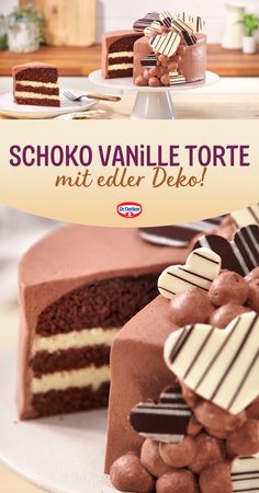 there are many cakes and desserts on the table with words above them that read, schoko vanille torte mit edler deke