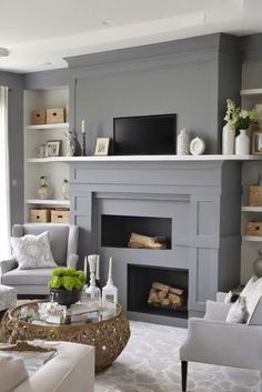 gray fireplace, popular paint, Westpear Interiors, home decor Painted Gray Fireplace, Fireplace Color Ideas Paint, Light Gray Fireplace, Colored Fireplace Painted, Fireplace Painting Ideas, Grey Painted Fireplace, Decor Fireplace Ideas, Fireplace Ideas Living Room, Gray Fireplace