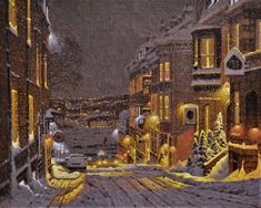 a painting of a snowy city street at night