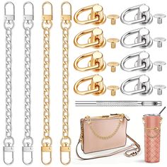 PRICES MAY VARY. Sufficient and Complete Purse Accessories: you will receive 4 pieces of purse strap extender chains, 8 pieces of leather craft rivets, both in gold and silver color, together with 1 piece of hole punch, a nice combination to DIY your bags Proper Size: the chain strap for purse is about 20 cm/ 7.9 inches in overall length, and 8 mm/ 0.31 inch in width, with a 3.3 cm/ 1.3 inches long clasp at each end of the chain, easy and convenient to clip on your purse Easy to Install: you can Diy Wallet, How To Make Purses, Leather Rivets, Chain Extenders, Purse Strap, Purse Accessories, Wallet Bag, Champagne Gold, Hole Punch