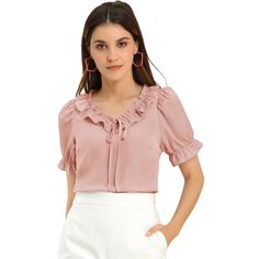 This fabric is very breathable and it is suitable for summer. The ruffled details on the cuffs make the blouse from ordinary to special. They paired perfectly with a skirt or jeans to flaunt your casual laid-back vibes. With its ruched details at the neck and cuffs, this top is a feminine choice to upgrade your workwear or weekend ensembles. The ruffle neck, sleeves, and hem design are very cute and suitable for dating. Ruffle Neck Blouse, Ruffle Fabric, Women's Tie, Embellished Blouse, Womens Tie, Neck Ruffle, Chic Woman, Womens Clothing Sizes, Casual Blouse