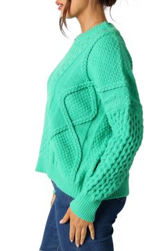 A mix of classic stitches adds modern charm to this textural pullover sweater in an oversized fit. Crewneck Long sleeves 70% acrylic, 30% nylon Hand wash, dry flat Imported Oversize Sweater, Clothing Details, Cable Knit Sweater, Cozy Fashion, Stay Cozy, Green Sweater, Sweaters Oversized, Knitting Designs, S Models